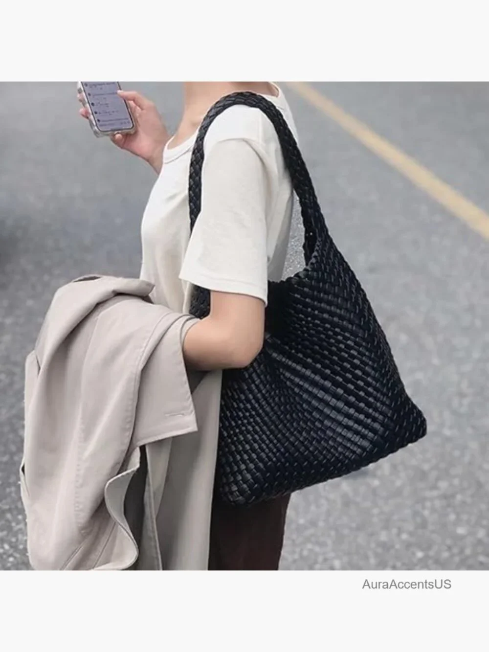 Large Capacity Woven Hobo Tote Bag with Pouch & Organizer